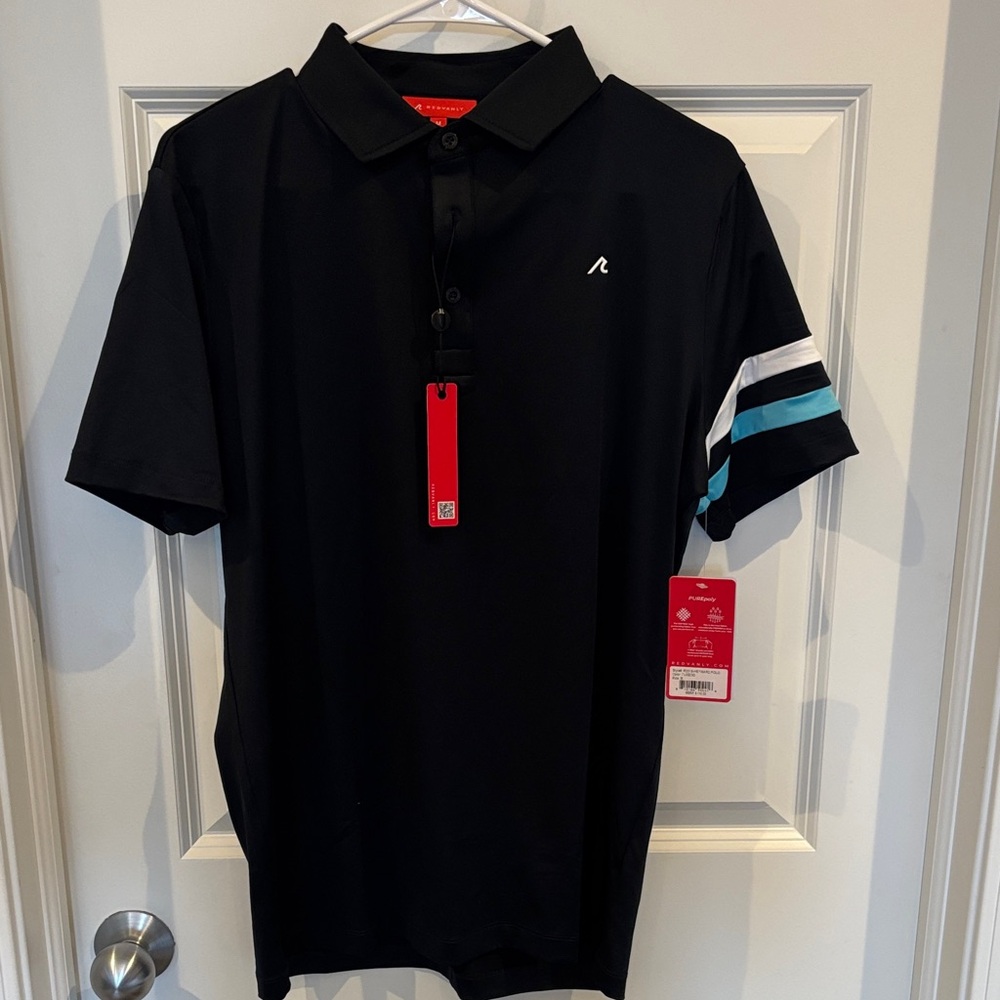 Men's Black Polo with Blue & White Sleeve Stripes - Performance Fit